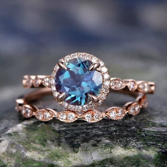 NEW 14k Rose Gold Blue Topaz Diamond Ring